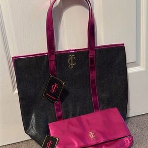 Juicy Couture Pink and Black Tote Bag Set W/ Clutch Bag (Bundle): BRAND NEW